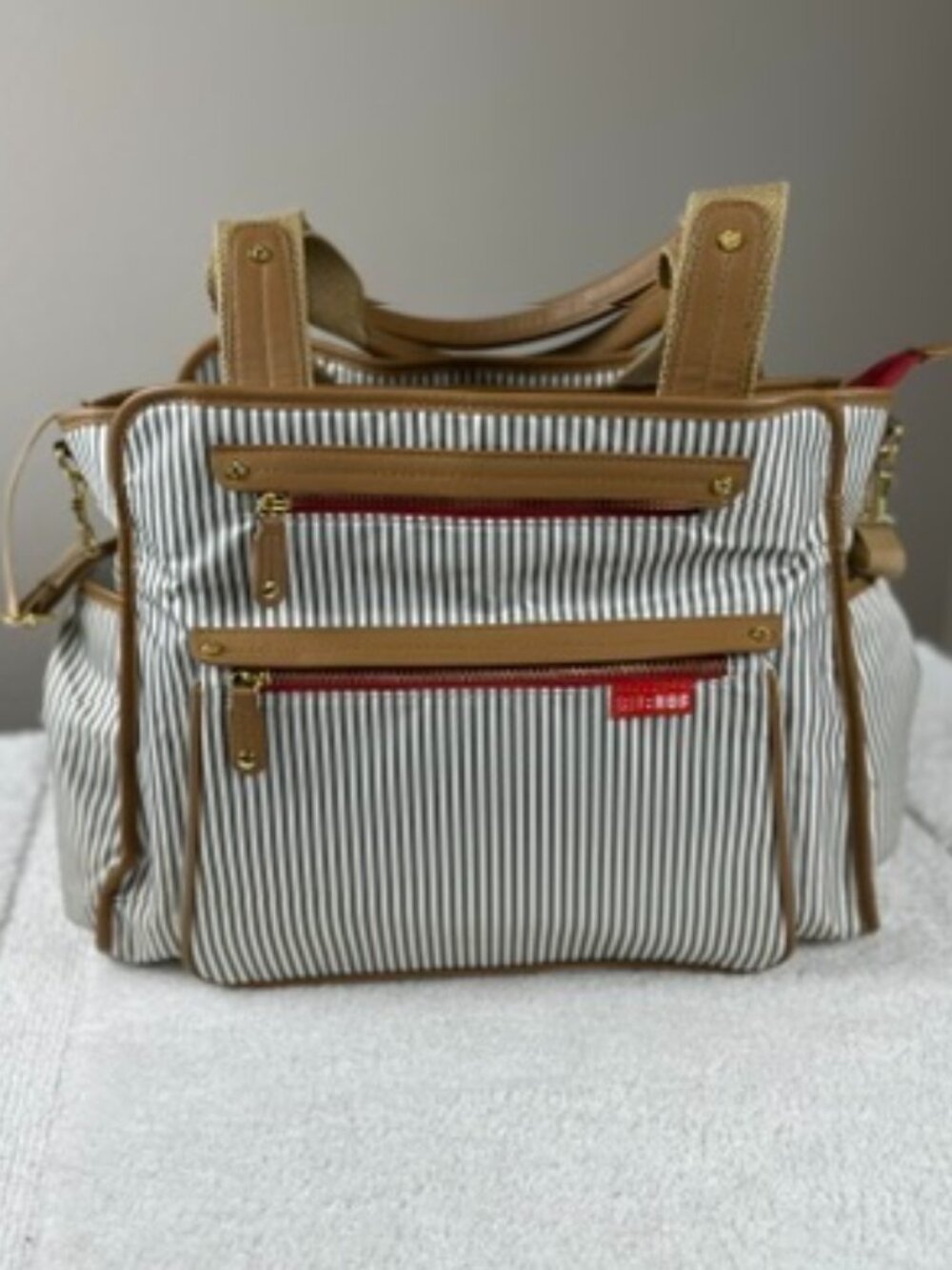 Skip Hop Gray White Stripe Diaper Bag Tote w/ Changing Pad Multi Pocket